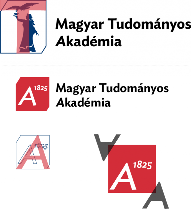 Az ábrán az látható, hogy az arculati betűtípus arányai, jellegzetességei határozzák meg a logó grafikai elemeinek méretét. Középen egy végül fel nem használt logóváltozat látható, amelyen először alkalmaztuk a hatszögű keretet. A keret sarkai az „Akadémi